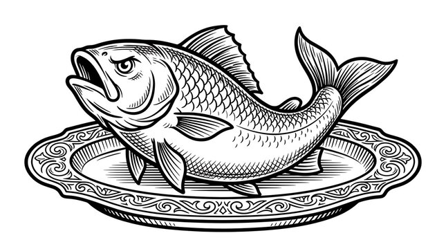 Vintage Woodcut Engraving Style Illustration of a Large Fresh Fish Served on an Ornate Decorative Plate