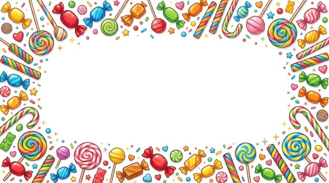 A colorful, festive candy border with various shapes and colors of candies.