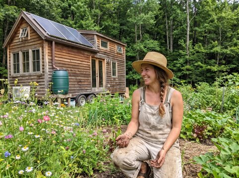 A smiling woman in overalls and a straw hat gardening in front of her sustainable tiny house.