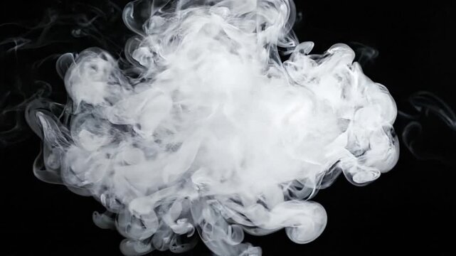 Slow motion white smoke wisps drifting on black background overlay