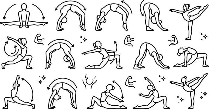 Yoga poses and gymnastics stretching vector set with exercise workout icons line art doodle outline illustration collection