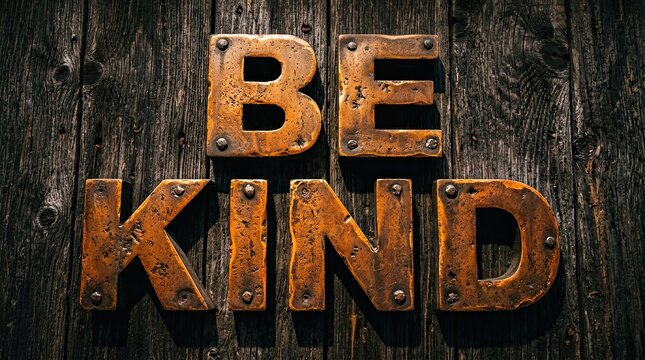 The words be kind are prominently displayed against a blurred background of text