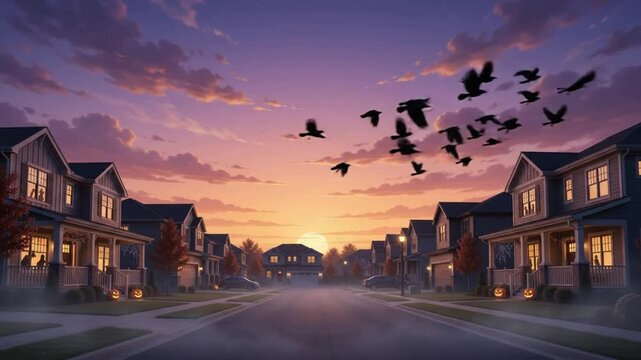 Flock of crows flying over a suburban street during a dark and eerie