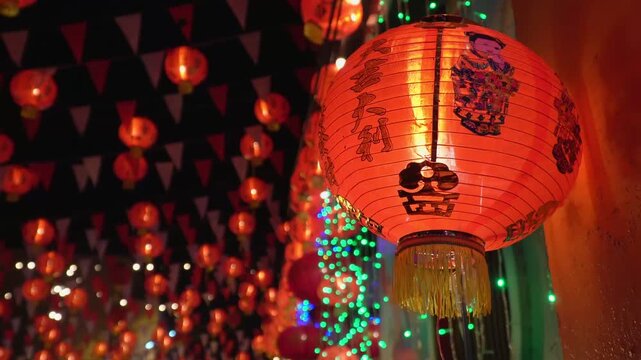 Glowing red Chinese New Year lantern with traditional child illustration hanging over a festive alleyway at night, surrounded by rows of illuminated paper lanterns and green string lights