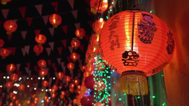 Red Chinese New Year lantern with calligraphy and doll design hanging in a night-time festive alley, surrounded by glowing lanterns and green string lights