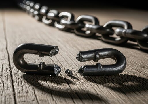 Broken metal chain link on a wooden table