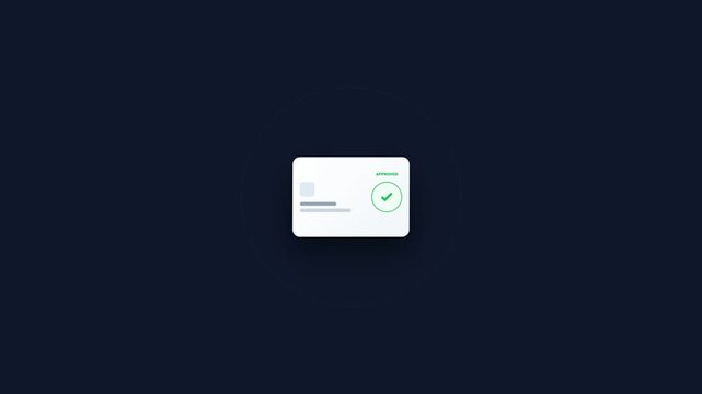 Kredit card dengan animasi tanda centang digital "verified" pada latar belakang biru gelap