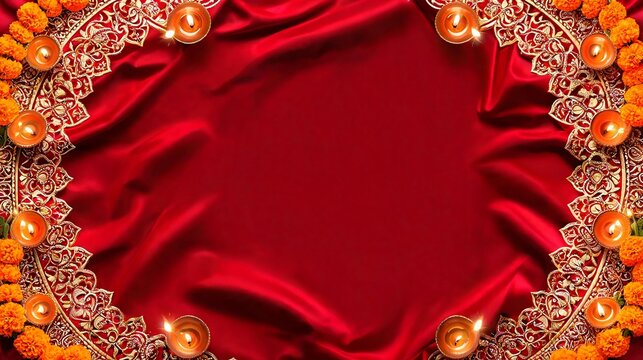 Luxury Navratri Invitation Background with Golden Mandala, Diyas and Marigold Flowers
