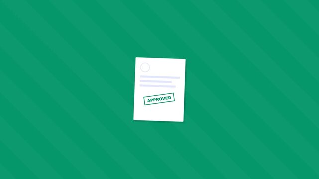 Document getting "approved" green stamp in an animated digital workflow graphic sequence