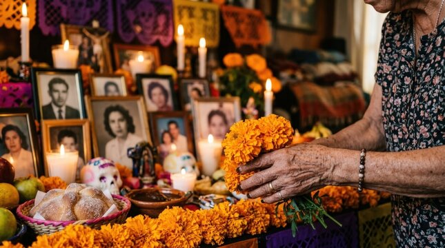 Hands placing marigolds on home ofrenda