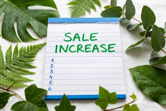 Close-up of a notepad with handwritten 'SALE INCREASE' and numbered list surrounded by green leaves