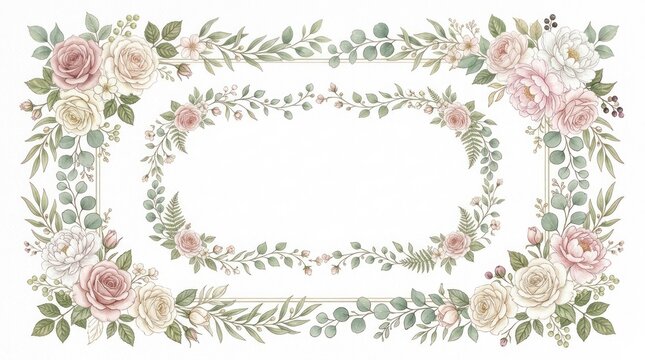 A floral arrangement with pink and white roses, green leaves, and a white background.