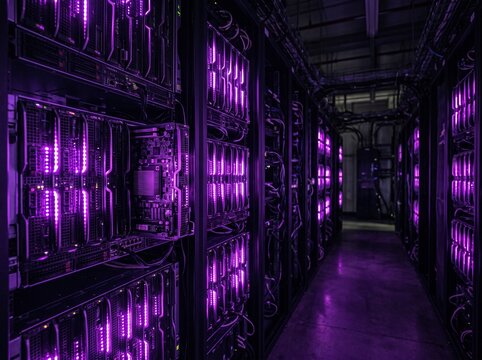 Rows of server racks glowing with purple light inside a modern data center