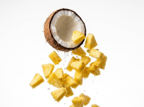 Half coconut and juicy pineapple pieces splashing with fresh water drops