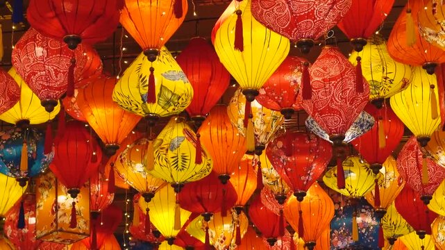 Glowing red and yellow Vietnamese paper lanterns with floral and paisley patterns hanging in dense cluster, illuminated by internal warm light and string lights