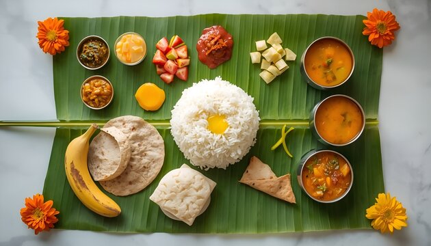 Traditional Onam sadhya rice Sambar, Rasam, parippu dal curry ghee Pappadom Payasam on banana leaf Onam Vishu Pongal Diwali festival vegetarian food Kerala Tamil Nadu South 