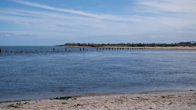 Flowing waters at the Werribee River Estuary in Werribee South, Melbourne, Victoria, Australia, featuring weathered wooden pilings standing in the river mouth channel, bordered by&nbsp;saltmarsh scrub.