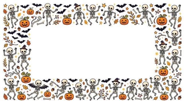 A Halloween-themed frame with dancing skeletons, pumpkins, and bats. The frame is decorated with autumn leaves and stars. The background is white with a black border.