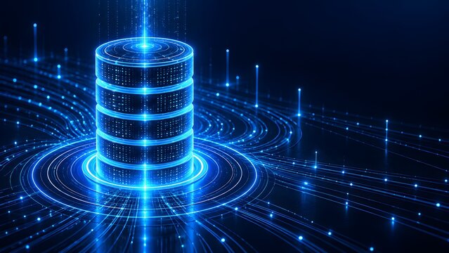 Abstract digital data server with glowing blue lines and particles representing data flow and network connectivity in a futuristic technology concept.