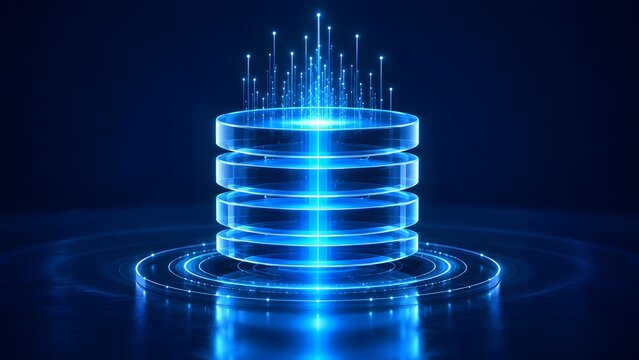 Abstract digital data storage concept with glowing blue layers and light streams representing information processing and technology