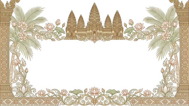 A detailed, ornate frame with intricate floral and architectural designs, featuring a temple-like structure and lush foliage, set against a white background.