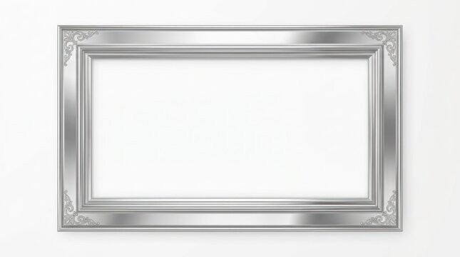 A silver frame with ornate borders on a white wall. The frame is empty, ready for a picture or artwork.