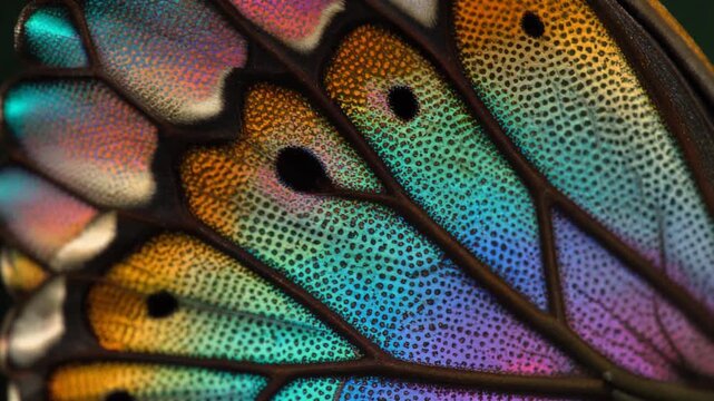A captivating, extreme macro view reveals the intricate, iridescent scales and vibrant, kaleidoscopic colors adorning the delicate wing structure of a magnificent butterfly, showcasing nature's