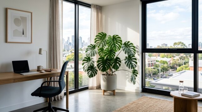 A modern, minimalist office space with a large window overlooking a city skyline. The room features a sleek, white desk with a black chair, a large potted plant, and a laptop on it. 