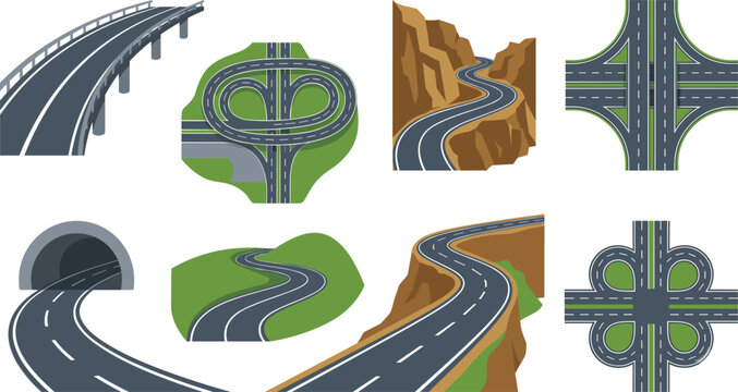 Highway road infrastructure vector set featuring mountain curves highway overpass bridge tunnels and top view cloverleaf junctions isolated