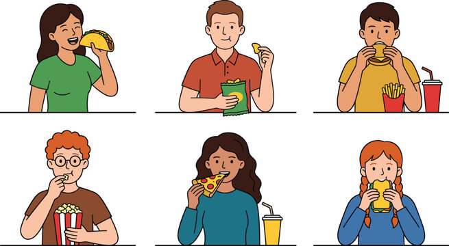 Happy young people eating fast food vector cartoon set enjoying pizza burgers tacos popcorn chips and sandwiches on white background