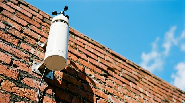 Weather station anemometer mounted on red brick wall against blue sky, low angle view, meteorology concept
