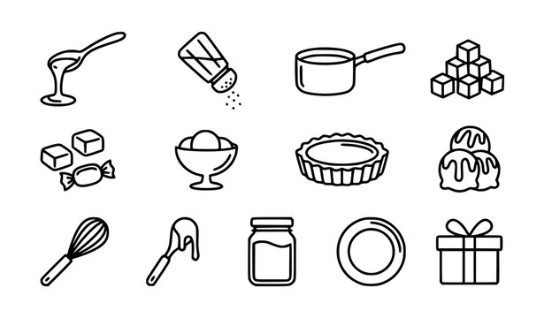 Salted Caramel Sauce Candy and Dessert Outline Vector Icons