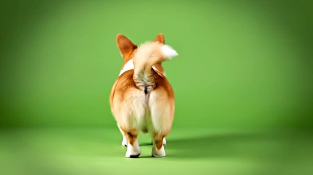 Adorable Corgi Dog Walking on Green Background