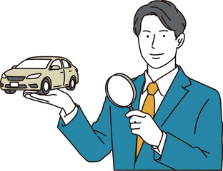 Fototapeta premium 虫眼鏡で自動車の査定をする男性のイメージイラスト