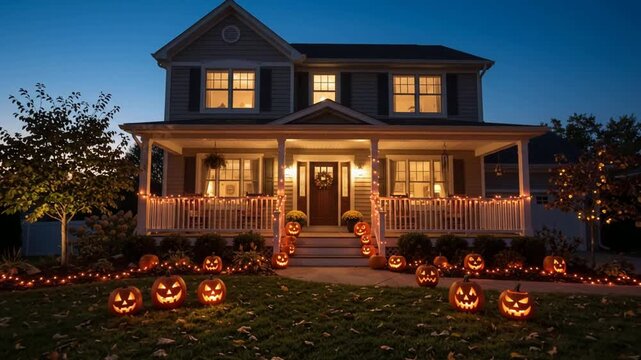 Halloween suburban house decorated with glowing jack-o-lanterns at