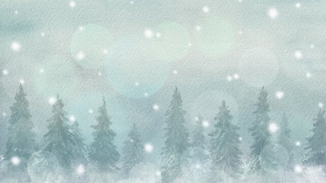 雪降る静寂の針葉樹林と幻想的な光のボケの水彩ループアニメーション。冬の森林の背景動画。