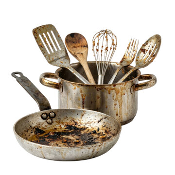 Photo-realistic image of dirty kitchen pots, pans, and cooking utensils after preparing food, isolated on black.