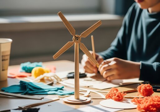 Wooden windmill toy craft project on a school desk