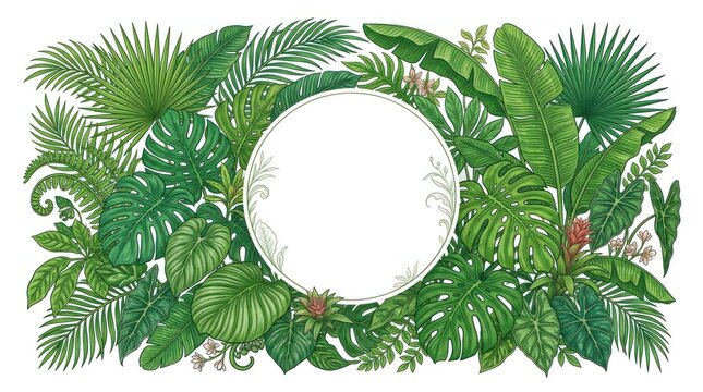 A vibrant tropical foliage arrangement with a circular white frame in the center.