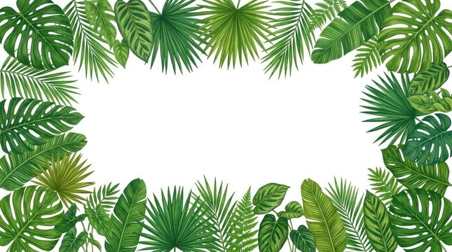 A tropical leaf frame with green and white colors, featuring various palm leaves and monstera leaves.