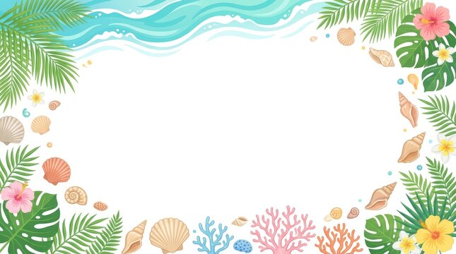 A colorful frame with tropical leaves, seashells, and coral, set against a white background.