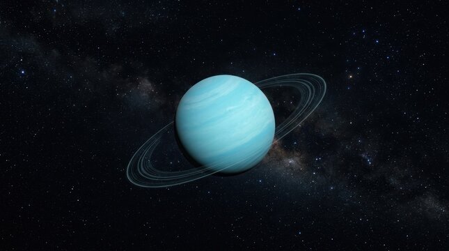 A planet in space with a blue atmosphere and rings.