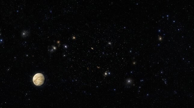 A starry night sky with a planet and a few stars visible in the distance.