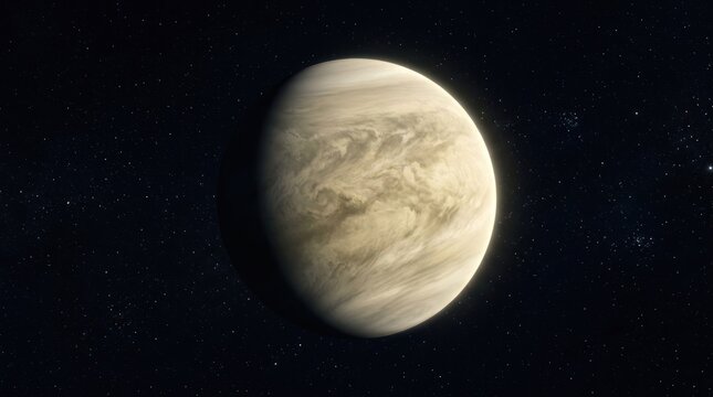 A planet with a light brown surface, rotating in space, with a dark blue sky and stars in the background.