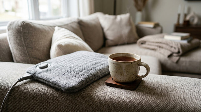 A cozy electric heating pad and a hot mug of tea sit on a comfortable sofa in a warm living room