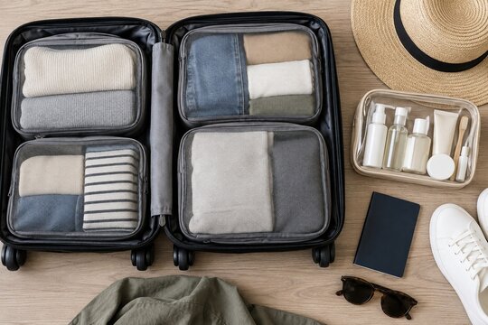 機内持ち込み荷物を整える旅行準備