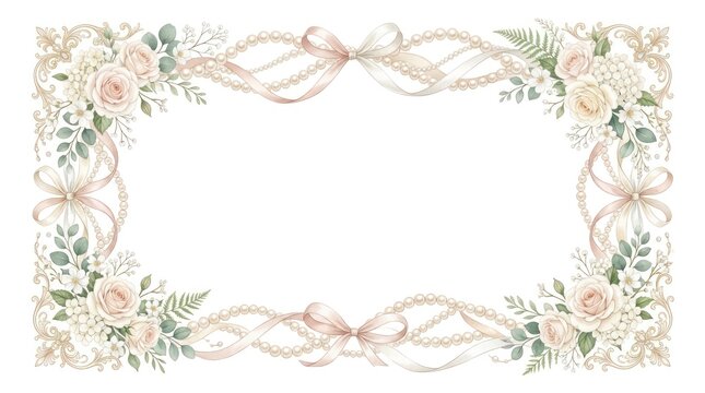 A vintage-style wedding invitation with roses, pearls, and ribbons.