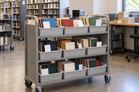 図書館の返却本を整理するカート