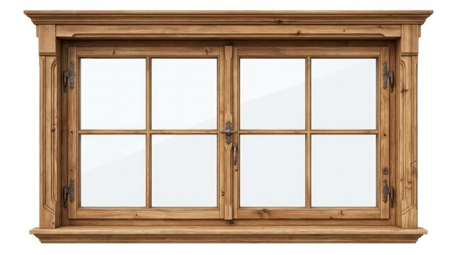 A wooden window with a wooden frame and glass panes, set against a white background.