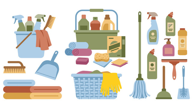 Household cleaning supplies collection including mops buckets brooms and chemical bottles.